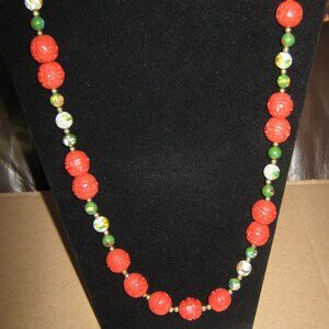 Stunning Vintage Chinese Carved Cinnabar and Enamel Cloisonné 34" Necklace